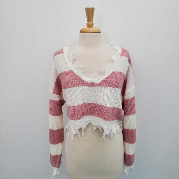 Womens L Striped Distressed Cropped Sweater Pink White Long Sleeve Grunge Y2K - Picture 2 of 16